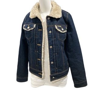 Calvin Klein Navy Denim Jacket with Cream Fur Trim